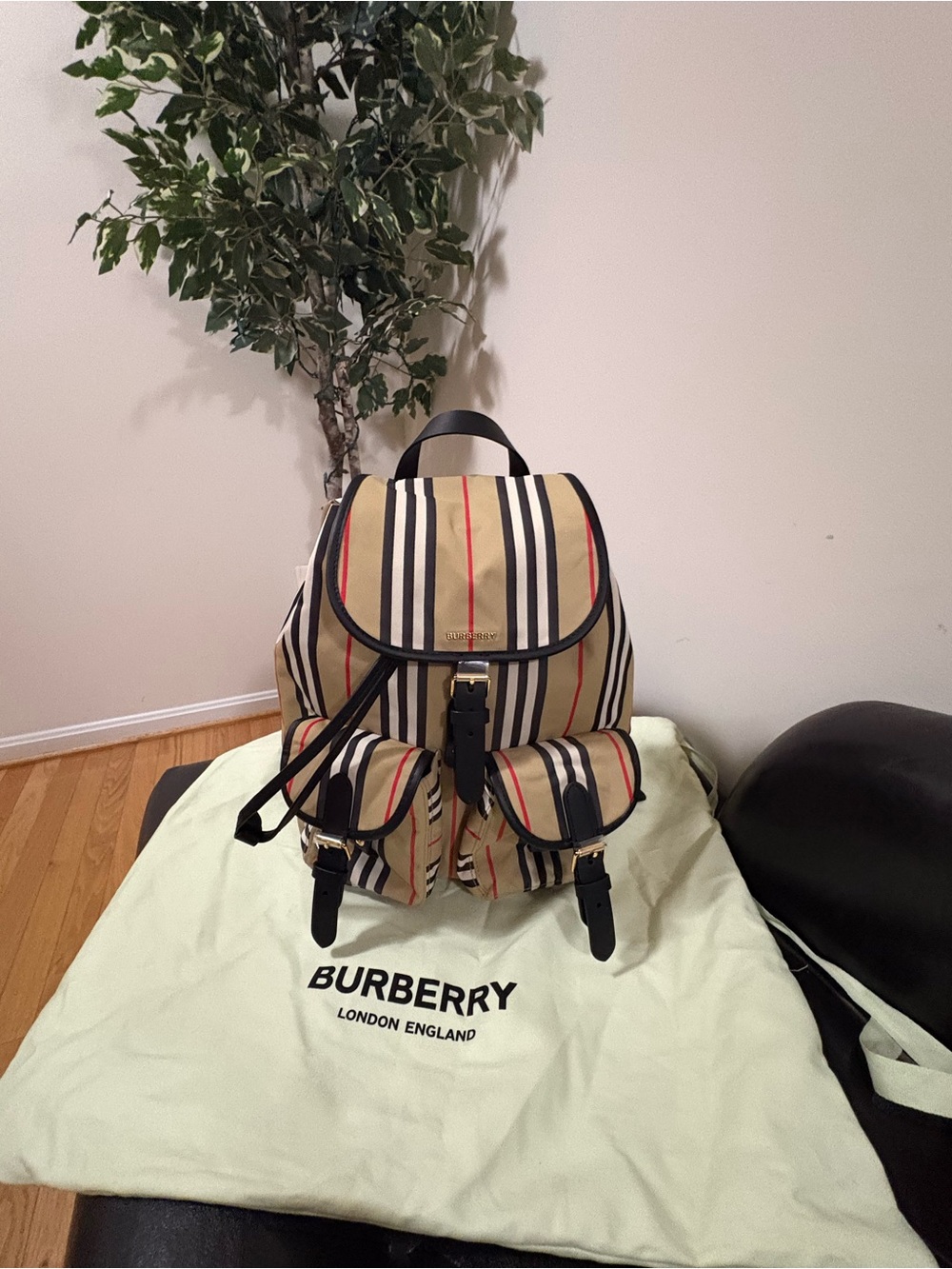 Burberry Beige Black and Red Striped Canvas Backpack